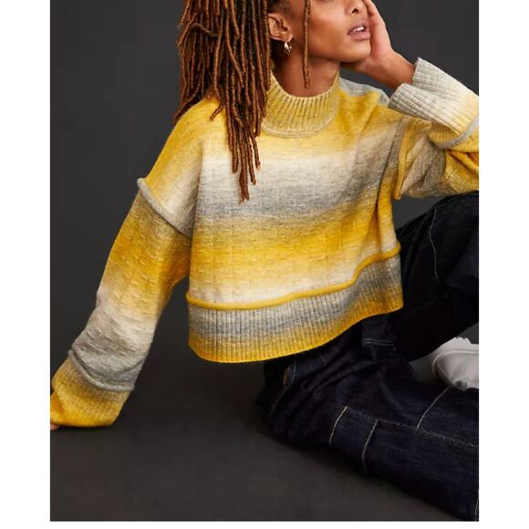 Anthropologie Pilcro Cropped Mock-Neck Sweater Yellow Grey Size S - Picture 5 of 6